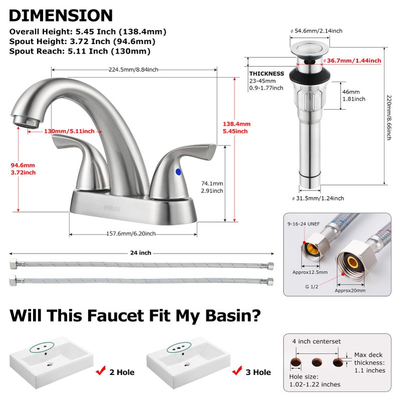 PARLOS 2-Handle Bathroom Sink Faucet with Drain Assembly and Supply Hose Lead-Free cUPC Lavatory Faucet Mixer Double Handle Tap Deck Mounted Brushed Nickel,13598 - Image 5